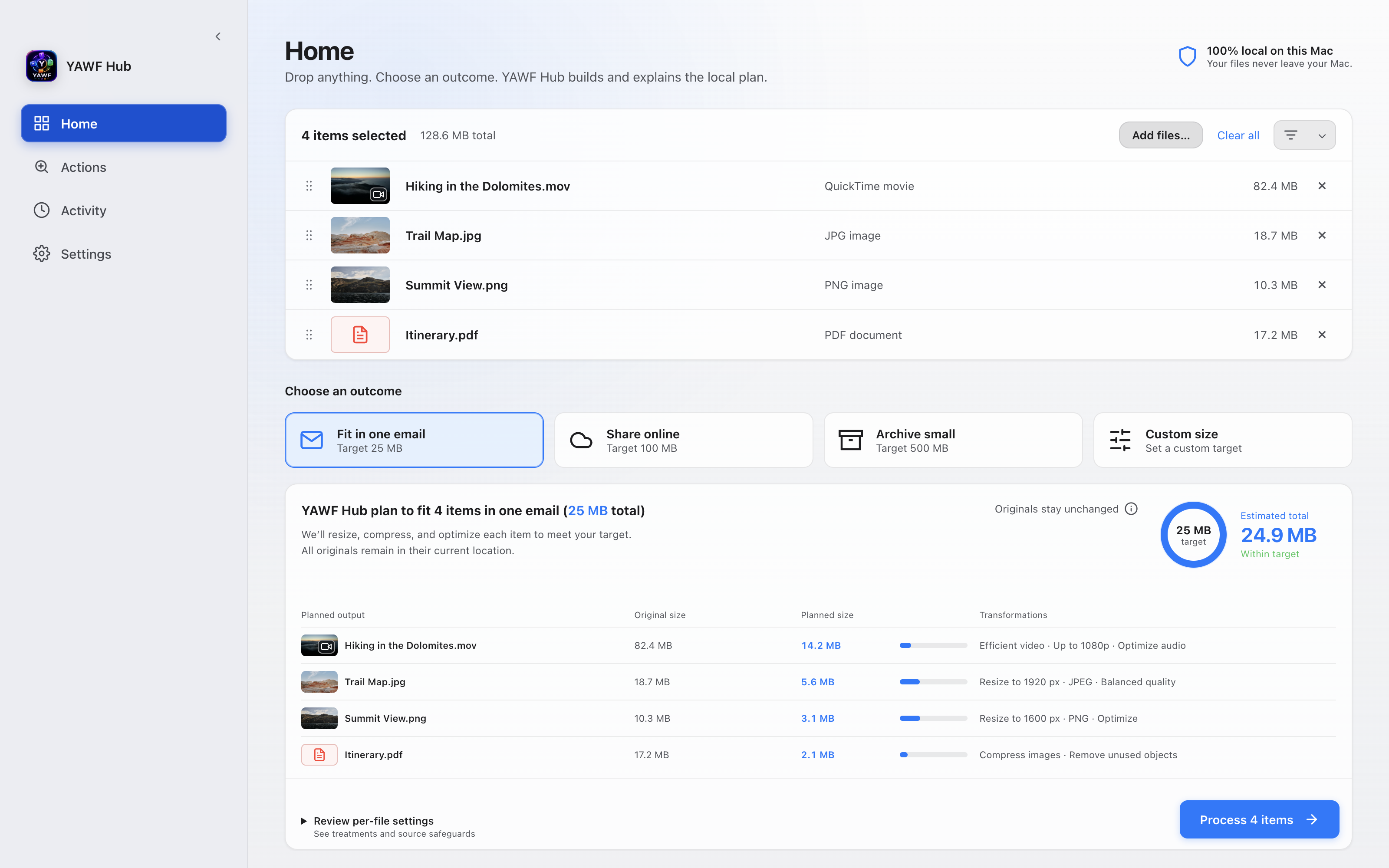 YAWF Hub Home showing an outcome plan for selected files